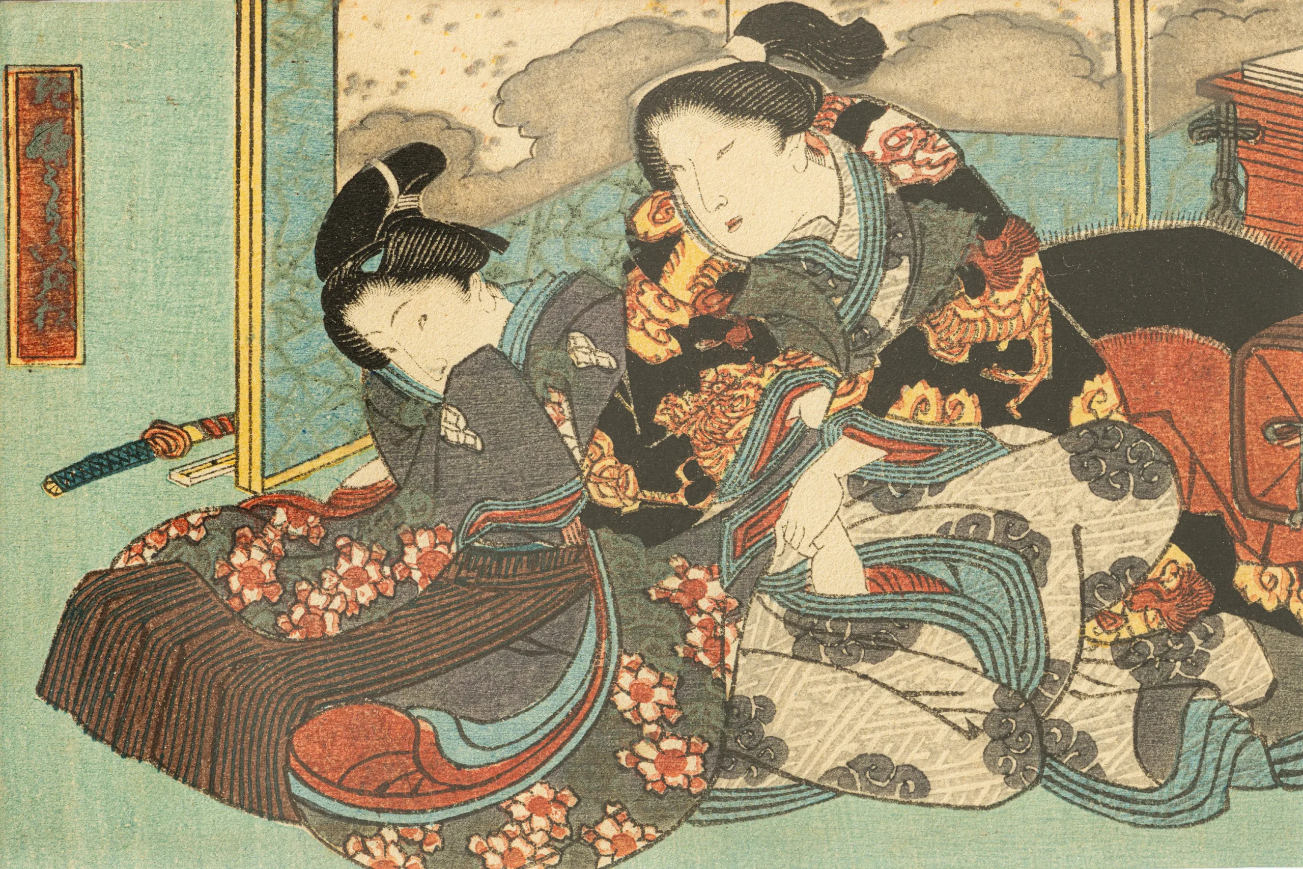 Edo period shunga ukiyo-e print showing two women in an intimate scene, Japanese woodblock art displayed in ukiyo-e museums in Tokyo