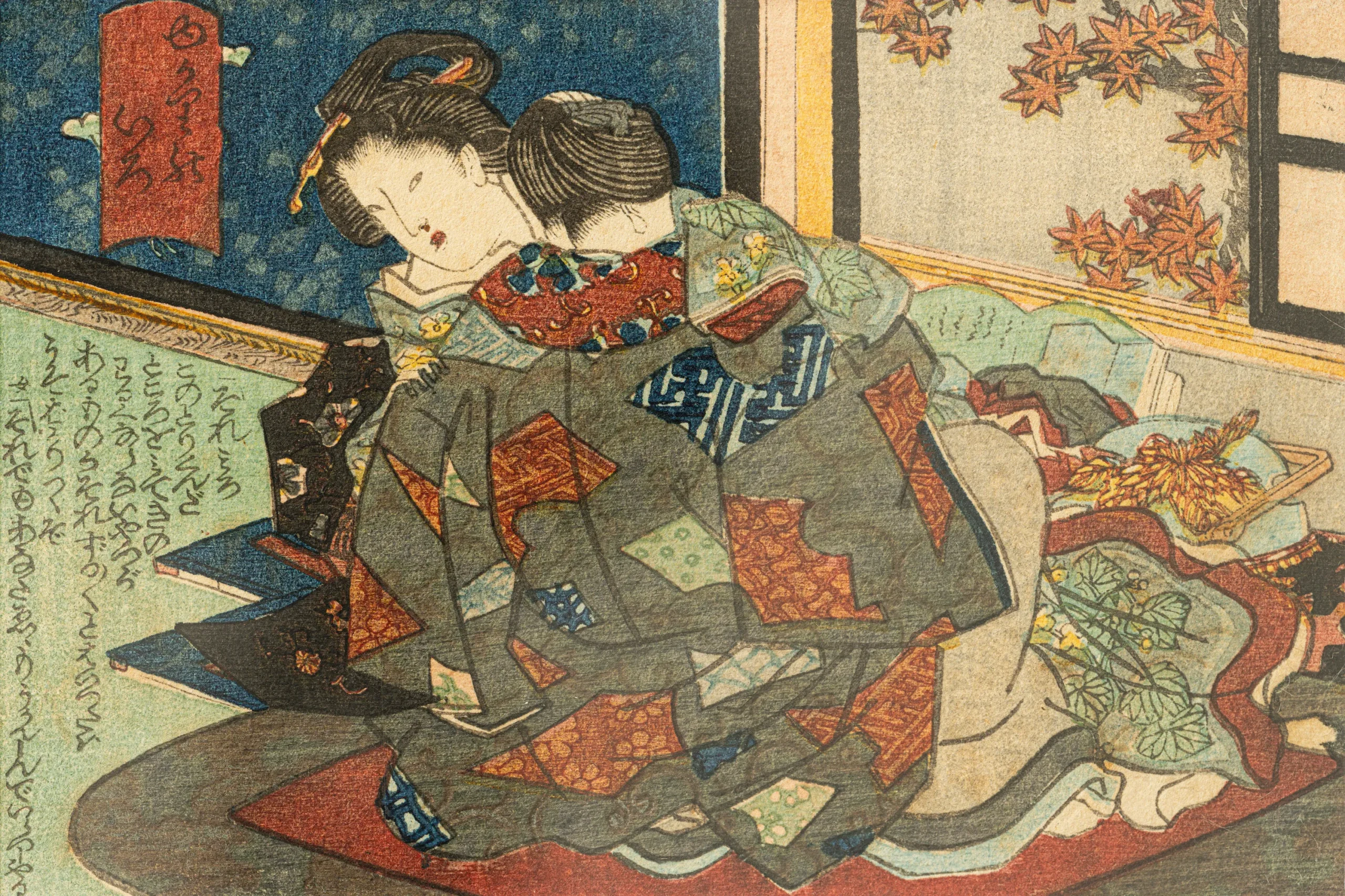 Traditional shunga ukiyo-e print from the late Edo period depicting a private scene in Japanese woodblock art