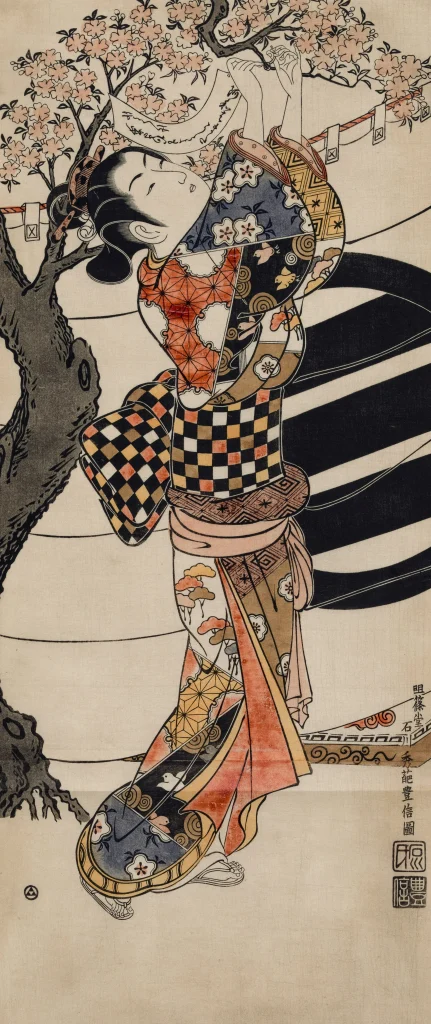 Japanese ukiyo-e style woodblock print from the Edo period, illustrating refined linework and seasonal symbolism associated with Shunga art.