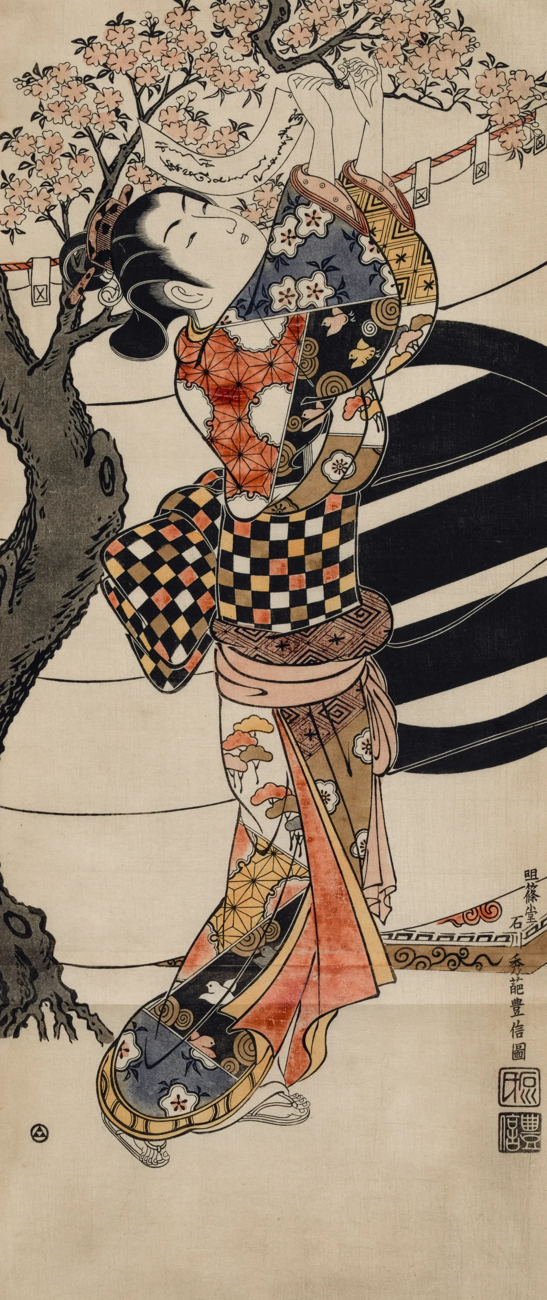 Ukiyo-e bijin-ga woodblock print of a woman under cherry blossoms, Edo period Japanese art seen in ukiyo-e museums in Tokyo