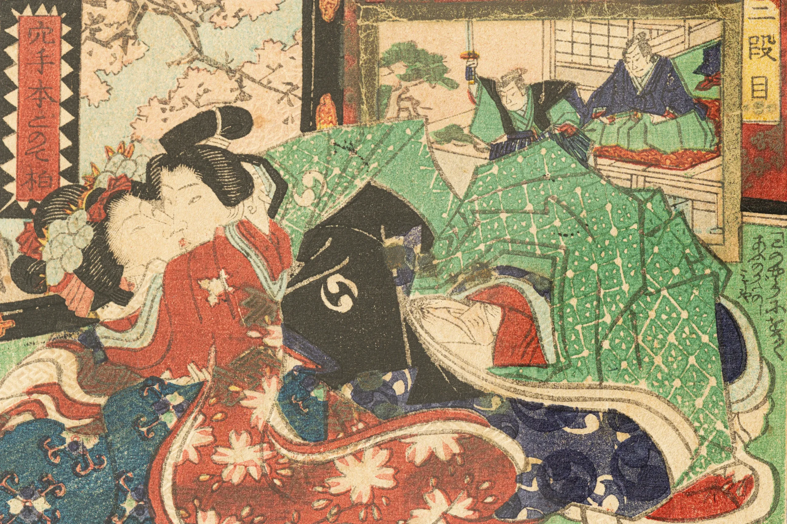 Late Edo period shunga ukiyo-e woodblock print showing a couple in traditional Japanese art style