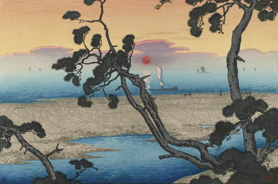 Japanese ukiyo-e landscape print featuring coastal scenery and pine trees at sunset
