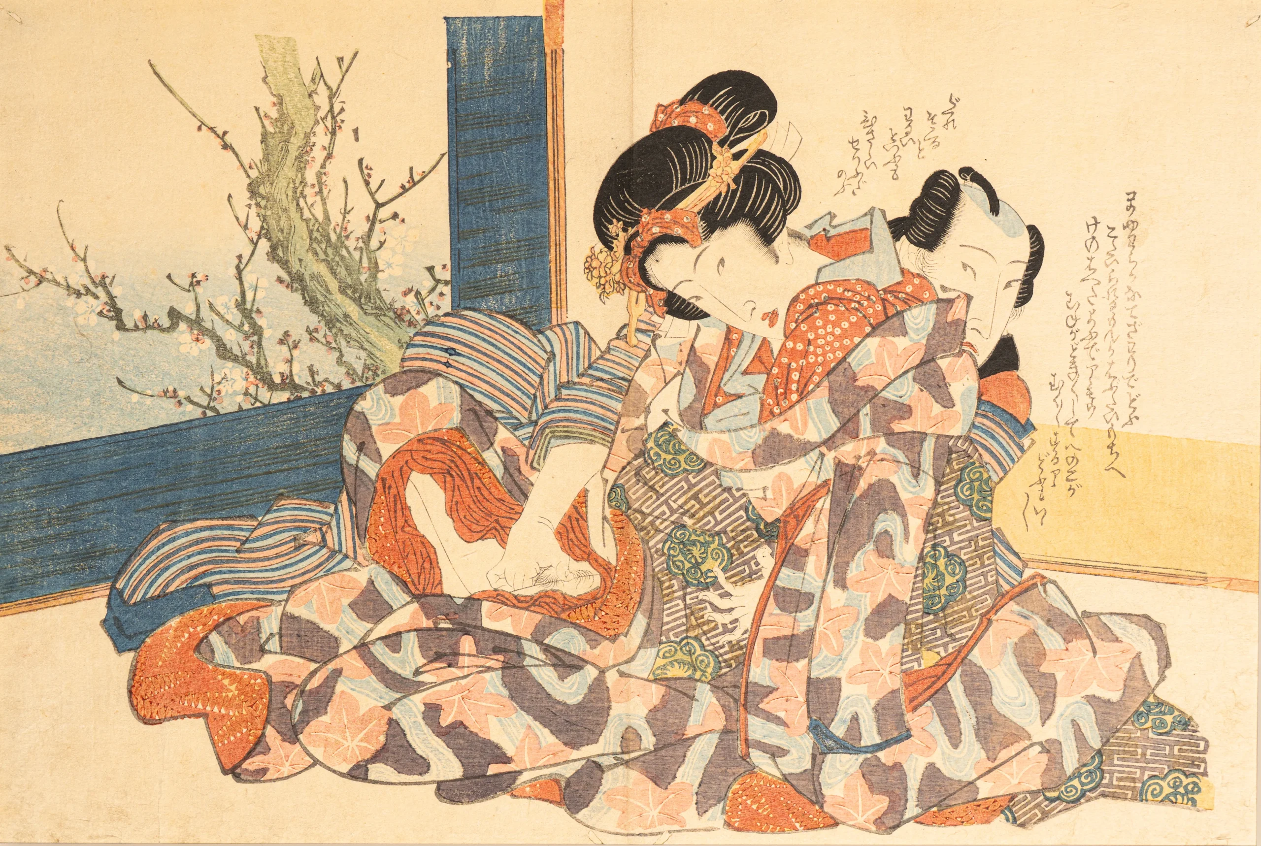 shunga ukiyo-e woodblock print depicting intimate scene Edo period Japanese erotic art