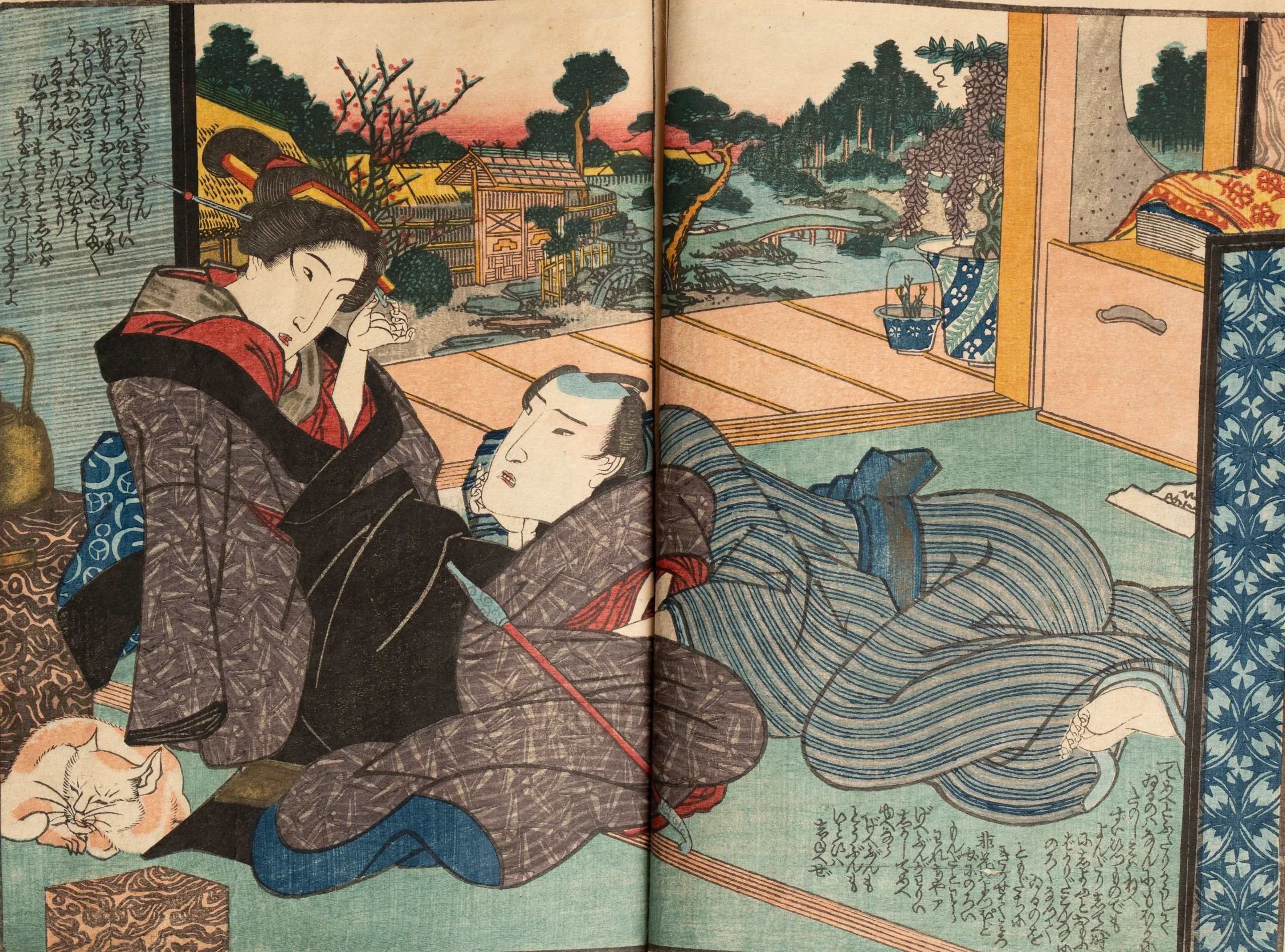 ukiyo-e woodblock print of a couple in traditional Edo period interior scene shunga Japanese art