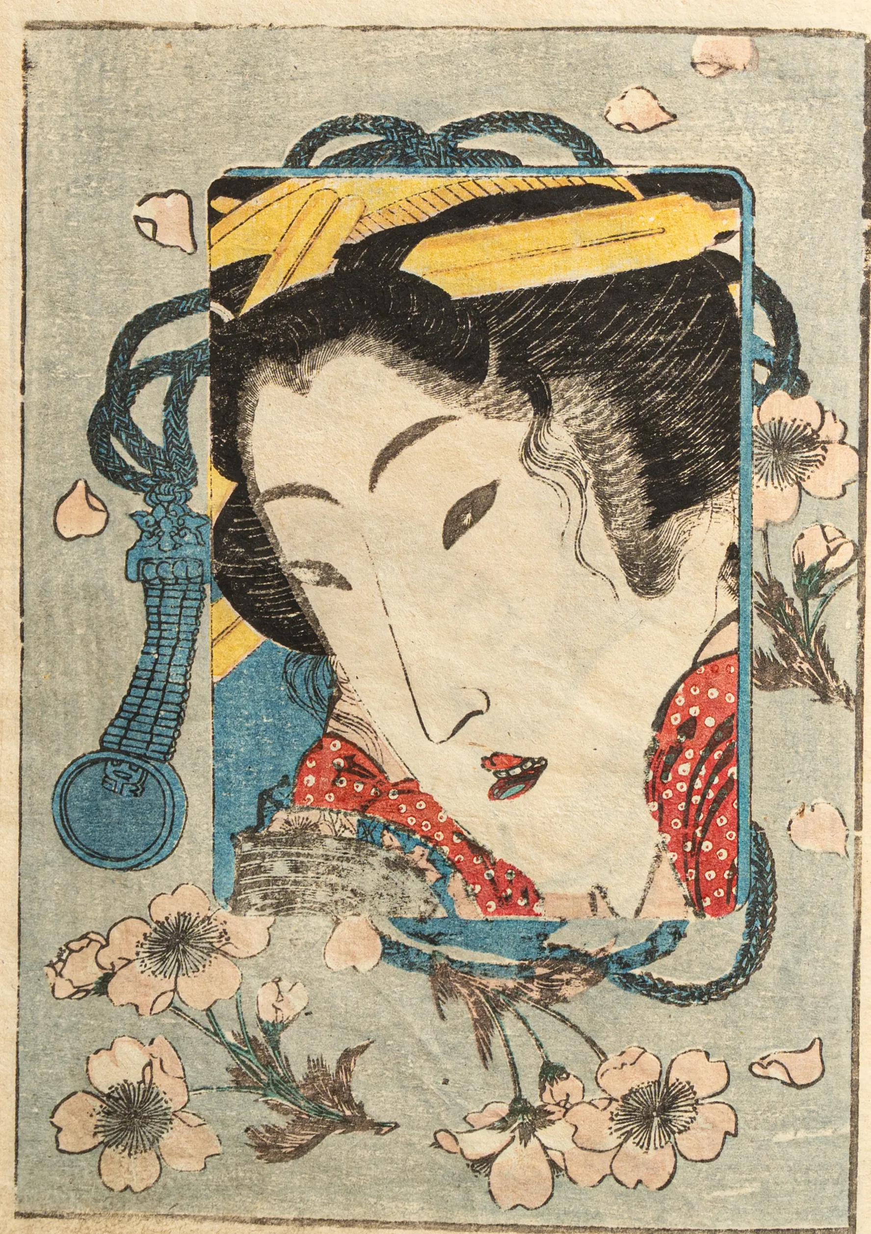 ukiyo-e portrait of a beautiful woman with floral design traditional Japanese woodblock print bijin-ga style